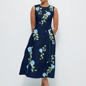 Fanm Mon Gorgeous Embroidered Blue Cotton A Line Dress with Sash NWT